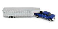1:64 GreenLight *BLUE* 2018 Chevrolet Silverado Dually w/LIVESTOCK TRAILER NIP
