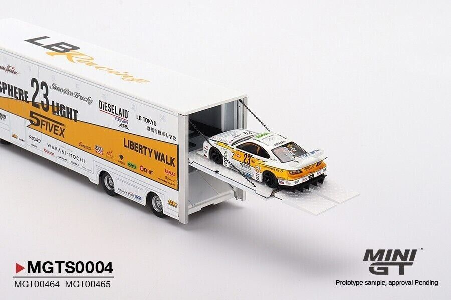 1:64 Mini GT 464 465 = LB Racing Mercedes Transporter Set w/Nissan