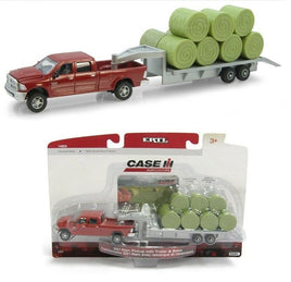 1:64 ERTL Red Dodge Ram 2500 Pickup Truck 5th Wheel Flatbed Trailer & Hay Bales