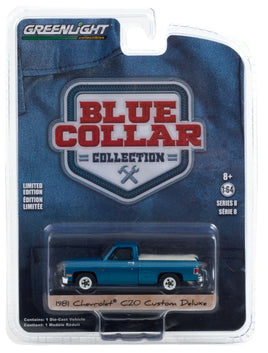 1:64 GreenLight *BLUE COLLAR 8* Light Blue 1981 Chevy Deluxe 20 Pickup Truck NIP