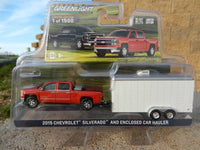 
              1:64 GreenLight HITCH & TOW BLACK & RED 2015 Silverado w/WHITE Enclosed Trailer
            