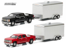 1:64 GreenLight HITCH & TOW BLACK & RED 2015 Silverado w/WHITE Enclosed Trailer