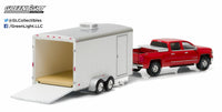 
              1:64 GreenLight HITCH & TOW BLACK & RED 2015 Silverado w/WHITE Enclosed Trailer
            