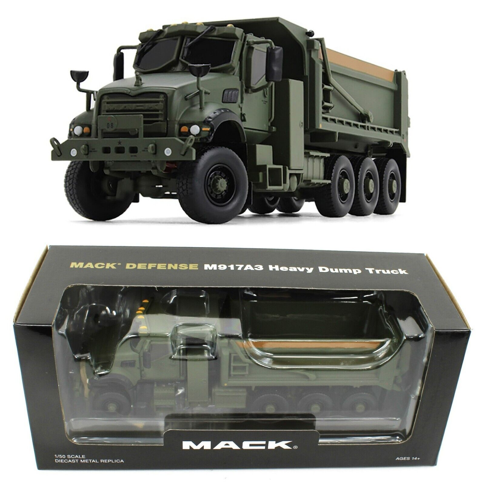 first gear 1/50 FIRST GEAR 1:50 *GREEN* MACK Defense M917A3 Heavy Dump Truck *NIB*| mc2-toys