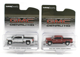 1:64 GreenLight *PAIR* Silver & Red 2022 GMC Sierra 2500HD Denali Pickup *NIP*