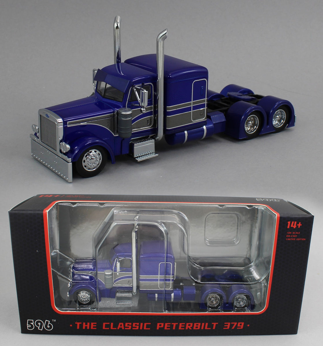 1:64 *596 DIECAST* Blue & Grey PETERBILT 379 Flattop Semi Truck *NEW ...
