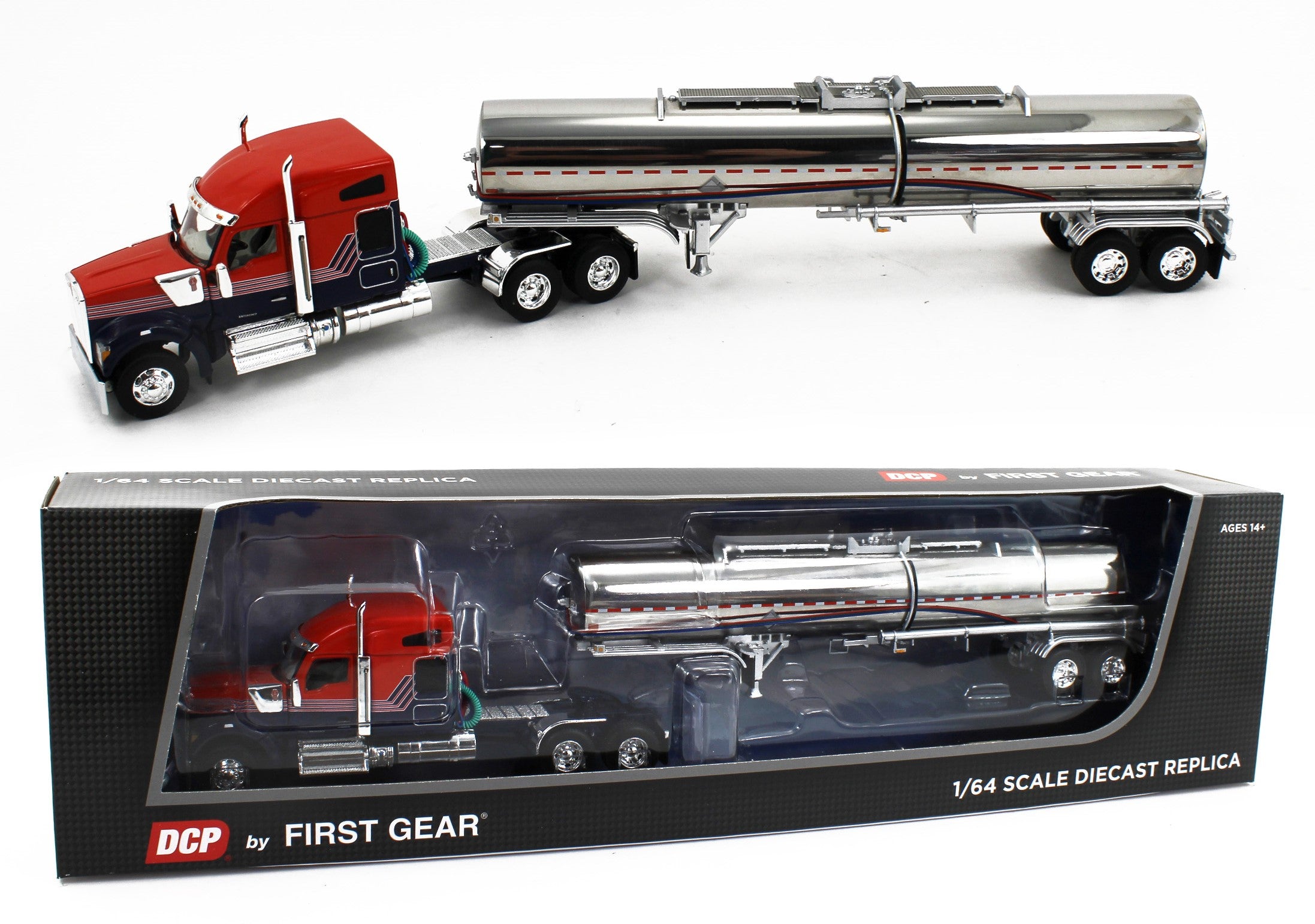DCP 1:64 *RED & BLUE* Kenworth W990 Midroof & CHROME Brenner