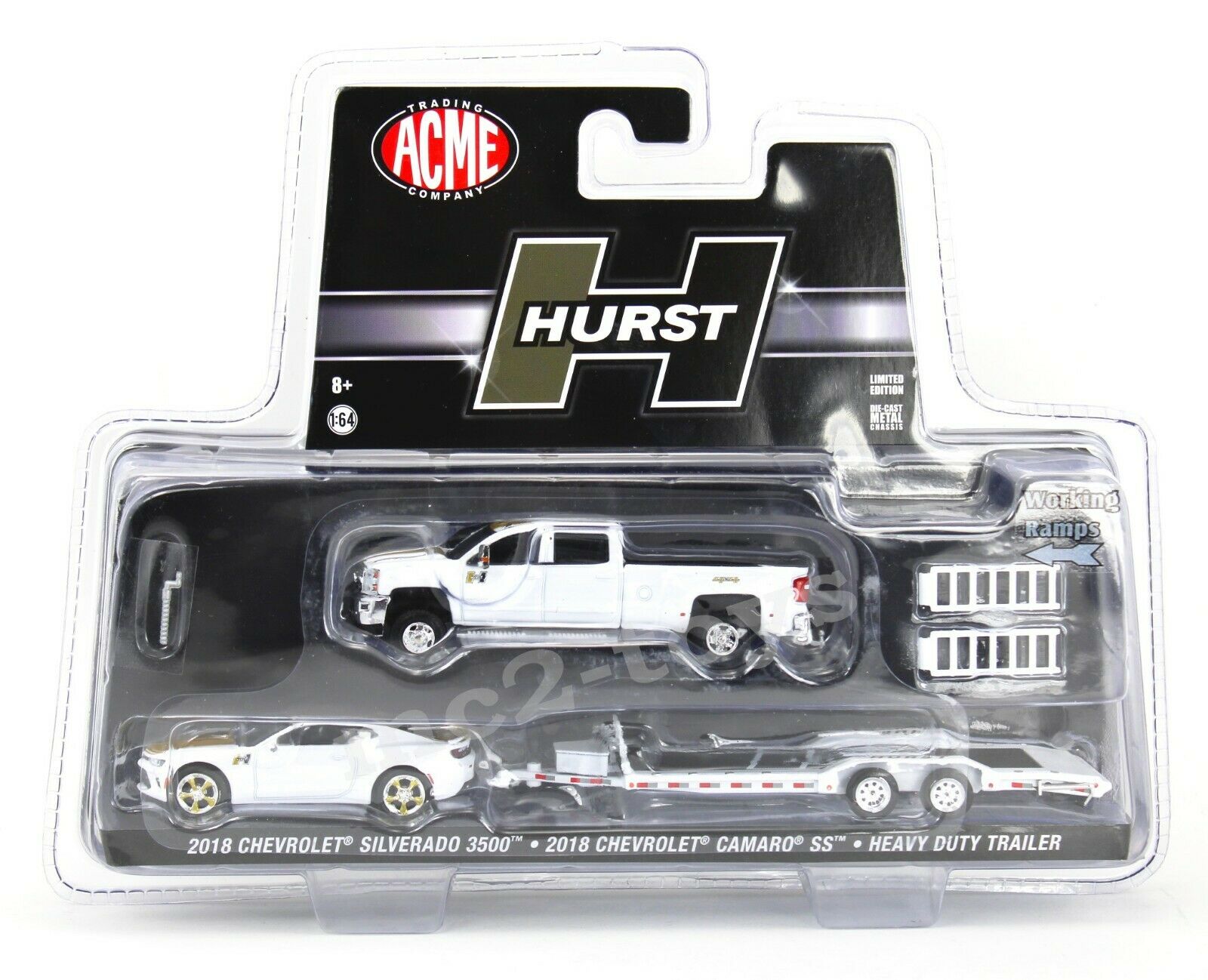 ミニカー ACME 1/64 2018 HURST 1:64 GreenLight ACME *HURST* 2018 Chevrolet 3500 DUALLY & Trailer
