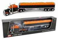 
              2023 DCP 1:64 *BLACK & ORANGE* Peterbilt 379 w/Tri-Axle Wilson Grain Trailer NIB
            