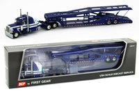 
              2021 DCP 1:64 BLUE & WHITE Peterbilt 389 SEMI w/MILLER AUTO TRANSPORT CAR HAULER
            