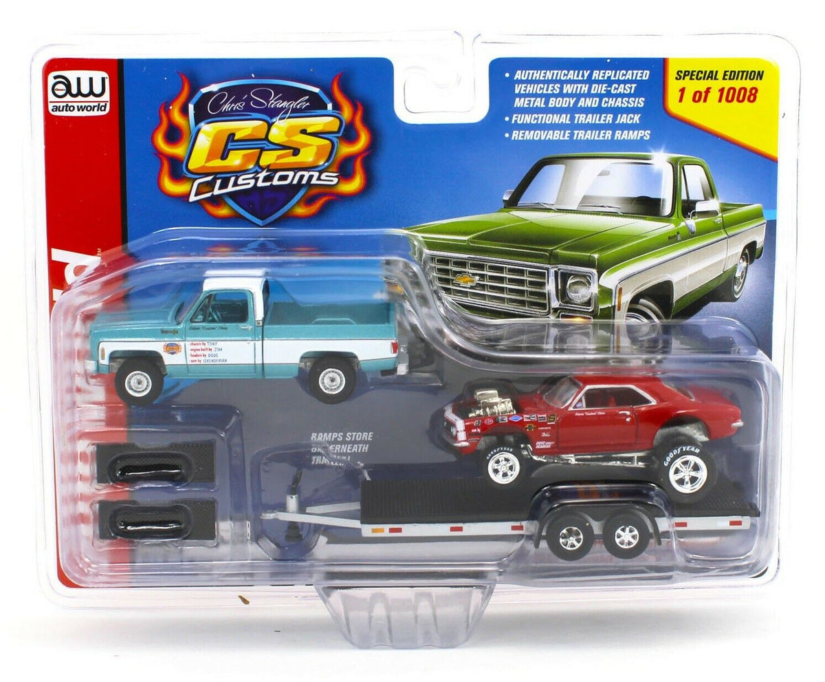 AUTO WORLD 1:64 *CS CUSTOMS* 1977 Cheyenne w/Trailer & 1967 Camaro ZIN ...