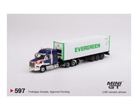 
              1:64 Mini GT 597 = Western Star 49X SEMI w/EVERGREEN 40′ Reefer Container *NIB*
            