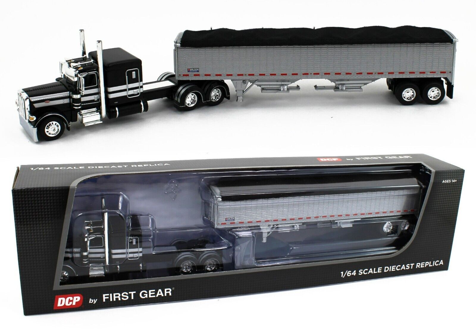 DCP 1/64 Black Red Silver Tri-Axle 389 Peterbilt Semi Truck