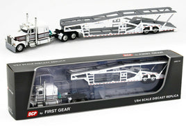 2021 DCP 1:64 WHITE Peterbilt 389 SEMI w/MILLER AUTO TRANSPORT CAR HAULER NIB